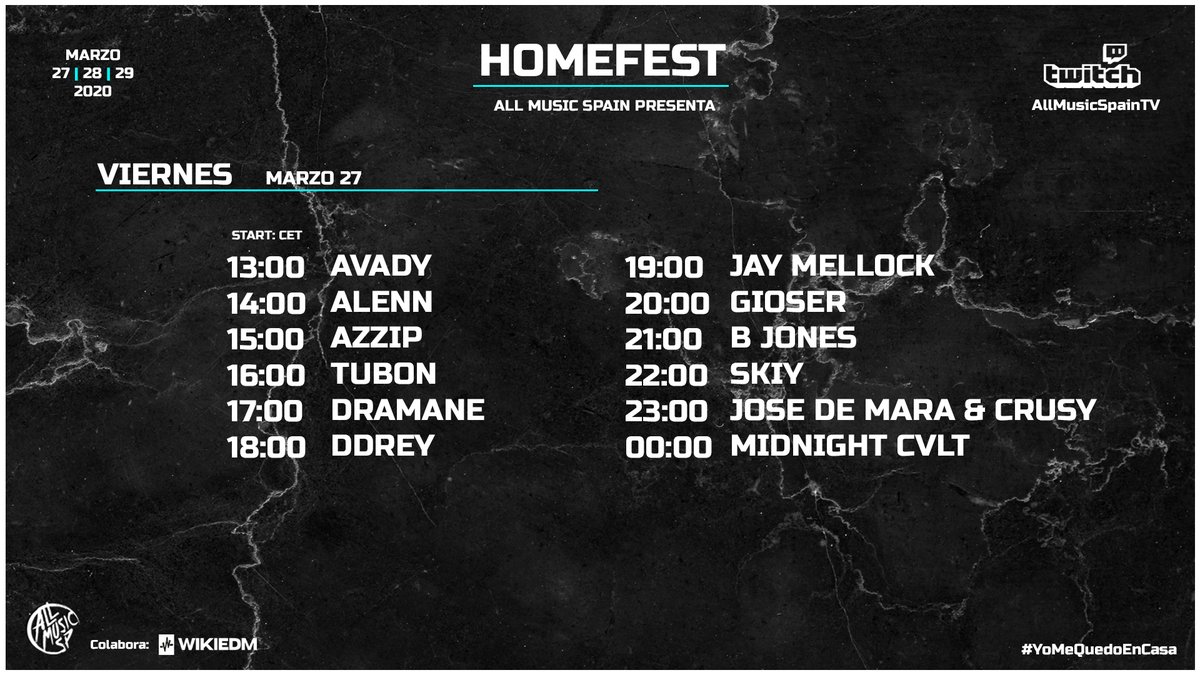 #AllHomeFest ||  Aún nos queda muchas horas de música.

¡Ahora mismo <a href="/ddrey_music/">David | DDRey</a> con ritmazos!

twitch.tv/allmusicspaintv

@JayMellock 
<a href="/GIOSER_MUSIC/">GIOSER 🇪🇸</a> 
<a href="/bjonesdj/">B Jones 🎧 #ARRYBA</a> 
<a href="/iamskiy/">SKIY</a>
<a href="/Josedemara/">Jose De Mara</a> &amp; <a href="/crusyofficial/">Crusy</a> 
<a href="/midnightcvlt/">MIDNIGHT CVLT</a> 

#YoMeQuedoEnCasa