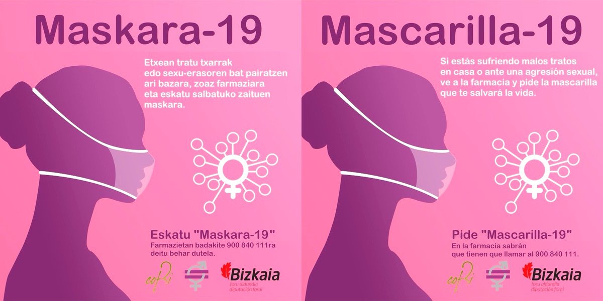 txesalaespada's tweet photo. 😷 MASCARILLA 19 🚨
🛡️ Diputación de Bizkaia se suma a la campaña “Mascarilla 19” para proteger a las víctimas de violencia machista durante la crisis del coronavirus. https://t.co/gpyJcvua79