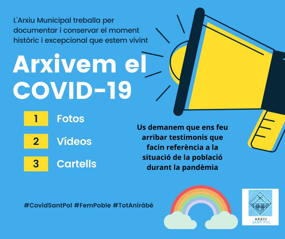 ArxiuSantpol's tweet photo. Crida a la ciutadania per tal d'aplegar imatges, vídeos i material gràfic que ens ajudi a documentar en el futur el moment excepcional i històric que vivim amb la pandèmia ocasionada pel COVID-19. #CovidSantPol #LArxiuAmbTu
🌈
https://t.co/Yu9xwELgGx
🌈
INICIEM FIL⬇️ https://t.co/FkbaLELXn5