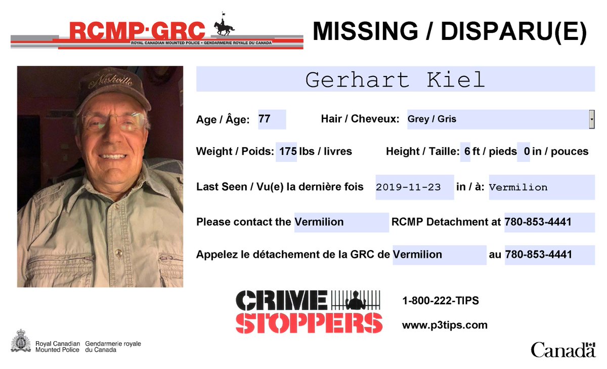 RCMPAlberta's tweet photo. #Missing: Gerhart Kiel (Jerry Kelly), 77, #Vermilion. Last seen driving a 2009 dark grey Ford Ranger, AB license plate NFU020. https://t.co/W1ugVxpFQl