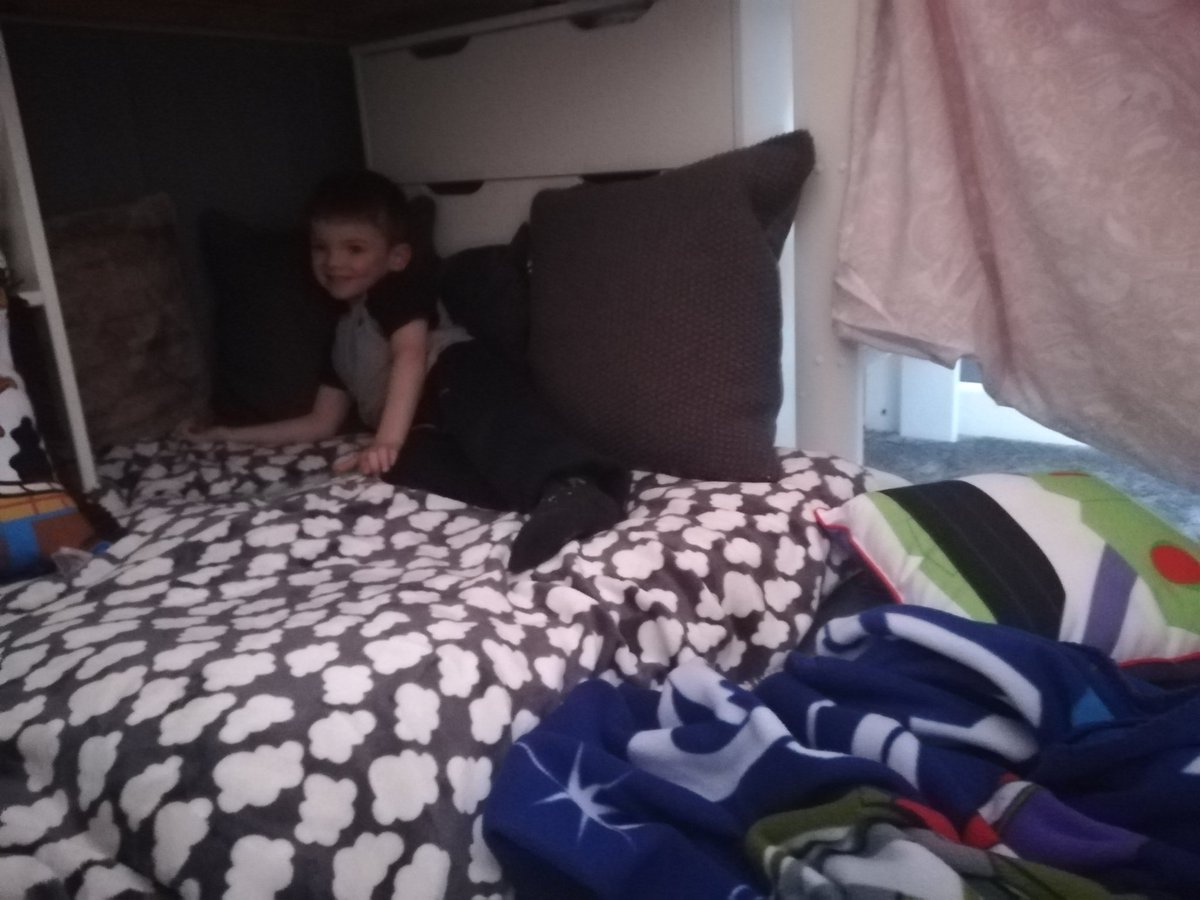 Clbrowes's tweet photo. @MpNursery me and reuben built a den. There were sharks outside of the den!!. We played some games, read some books and ate our pretend breakfast in there. We also pretended to nap and hide from Earl and Rio, https://t.co/mewhSEvy0a