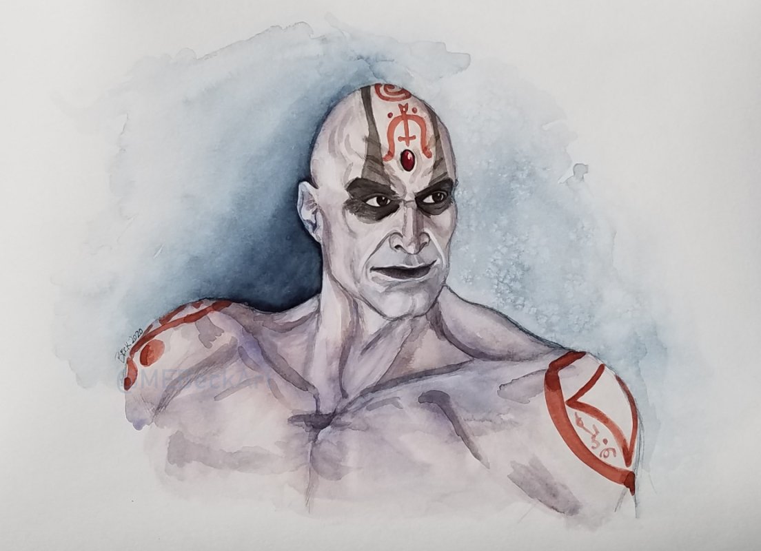 EdnaStickman's tweet image. Playing around with my new watercolors. Thought I'd do another piece without any inking, tried to keep it looser as I tend to over render things. Portraits are fun, and Quan Chi is a good subject! #woolay #quanchi #mortalkombat