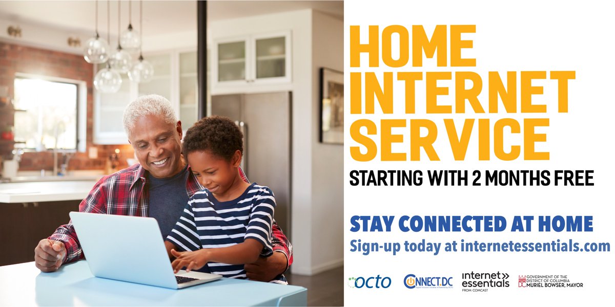 OCTODC's tweet photo. Do you know a #DCSenior or #DCStudent who would benefit from having home internet service?
If so, they may be eligible for @Comcast Internet Essentials, a program that offers home internet free for 2 months and then just $9.95/month after. ➡️ Visit https://t.co/ihQmA1wYSg https://t.co/Nsr2y2fbOB