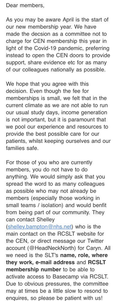 HeadNeckNorth's tweet photo. 🗣 In light of the #COVID19 pandemic, the @HeadNeckNorth committee has decided not to charge for CEN membership this year - see our email for details!
Best wishes, and keep well,
Aisling, Shelley, Katherine, Gail, Jo and Caryn
H&N North CEN Committee
@RCSLT https://t.co/4IUc99x1mI