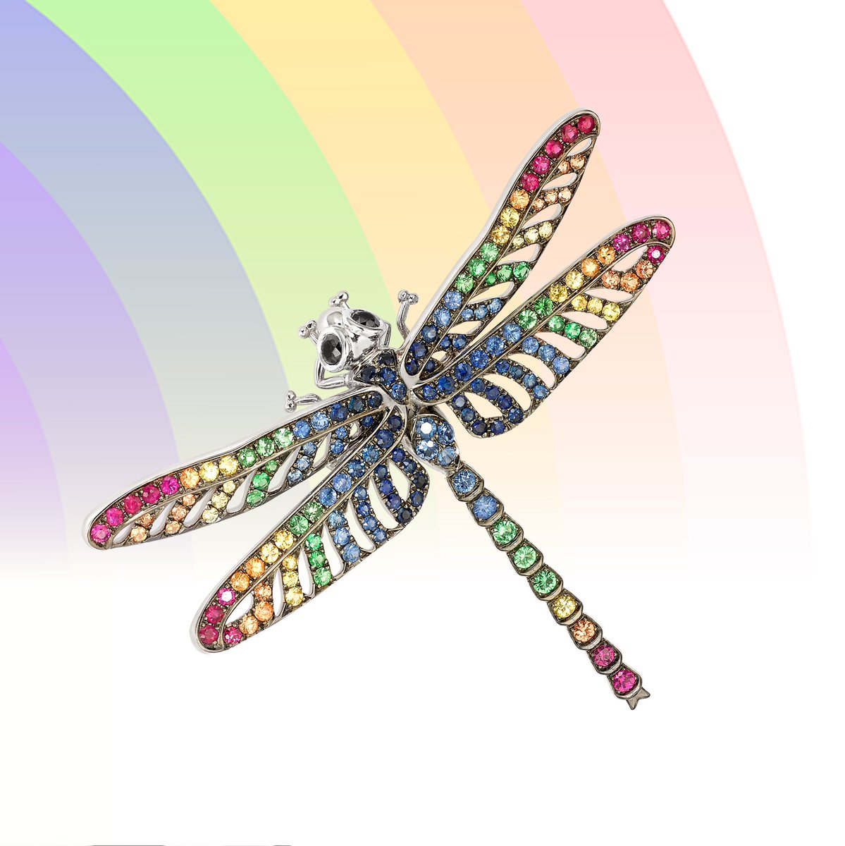 Theo_Fennell's tweet photo. A dragonfly, it’s wings as thin and light as silk and it’s body the colour of a rainbow 🌈 #TheoFennell #FridayFeeling #Dragonfly #Brooch #Rainbow #Mutlicolor https://t.co/HNmySGtFMw