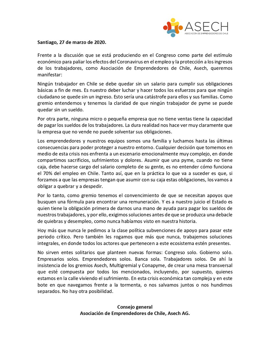 ASECH_ag's tweet photo. Asech hace un llamado a los Diputados y Senadores a aprobar las medidas para apoyar a familias y las pymes de nuestro país. Hoy son millones de personas quienes no pueden pagar sus cuentas, pagar sueldos y que necesitan toda la ayuda que podamos entregar. ¡No podemos esperar más! https://t.co/9TFe4i5V6N