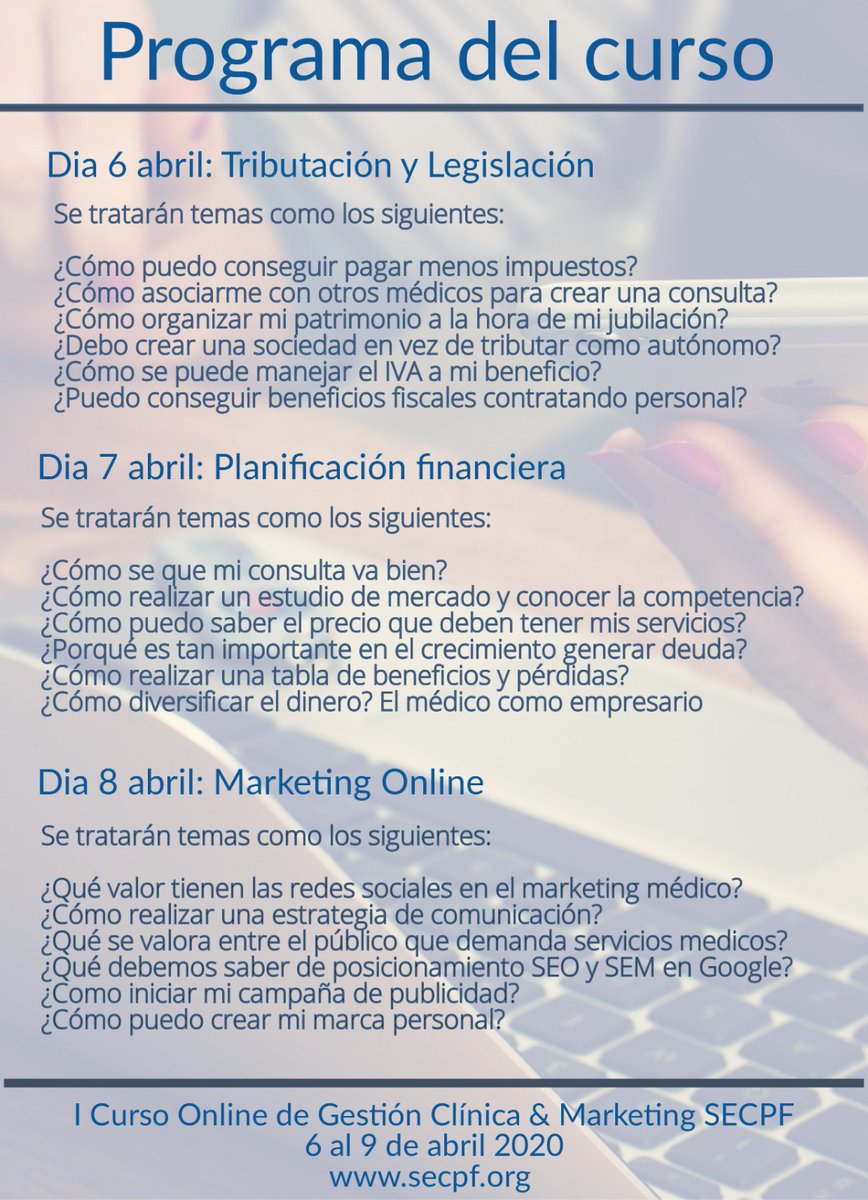 secpf's tweet photo. I Curso Online Gestión clínica y marketing 6,7,8 de Abril impartido por profesionales del sector financiero, asesores tributarios, profesional de marketing.
Para inscripciones y más información acerca del curso contacten por mail secretaria@secpf.org o por teléfono 663 61 23 66 https://t.co/kXox0XxbLi