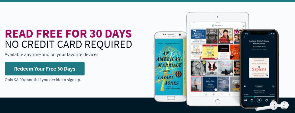 scouthappy_com's tweet photo. #WorkarooOpportunities
@Scribd is offering their library full of books, audiobooks and articles free for thirty days without any credit card or commitment required.
Check in here https://t.co/KQ4PB5IIcu and start reading. https://t.co/legbNQP59M