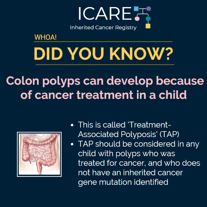 inheritedcancer's tweet image. Treatment-associated polyposis (TAP) should be considered in patients who develop many #colonpolyps after treatment for a childhood or young adulthood #cancer but do not have an identified #mutation in a #hereditarycancergene. Check out the full article at …erpreventionresearch.aacrjournals.org/content/early/…