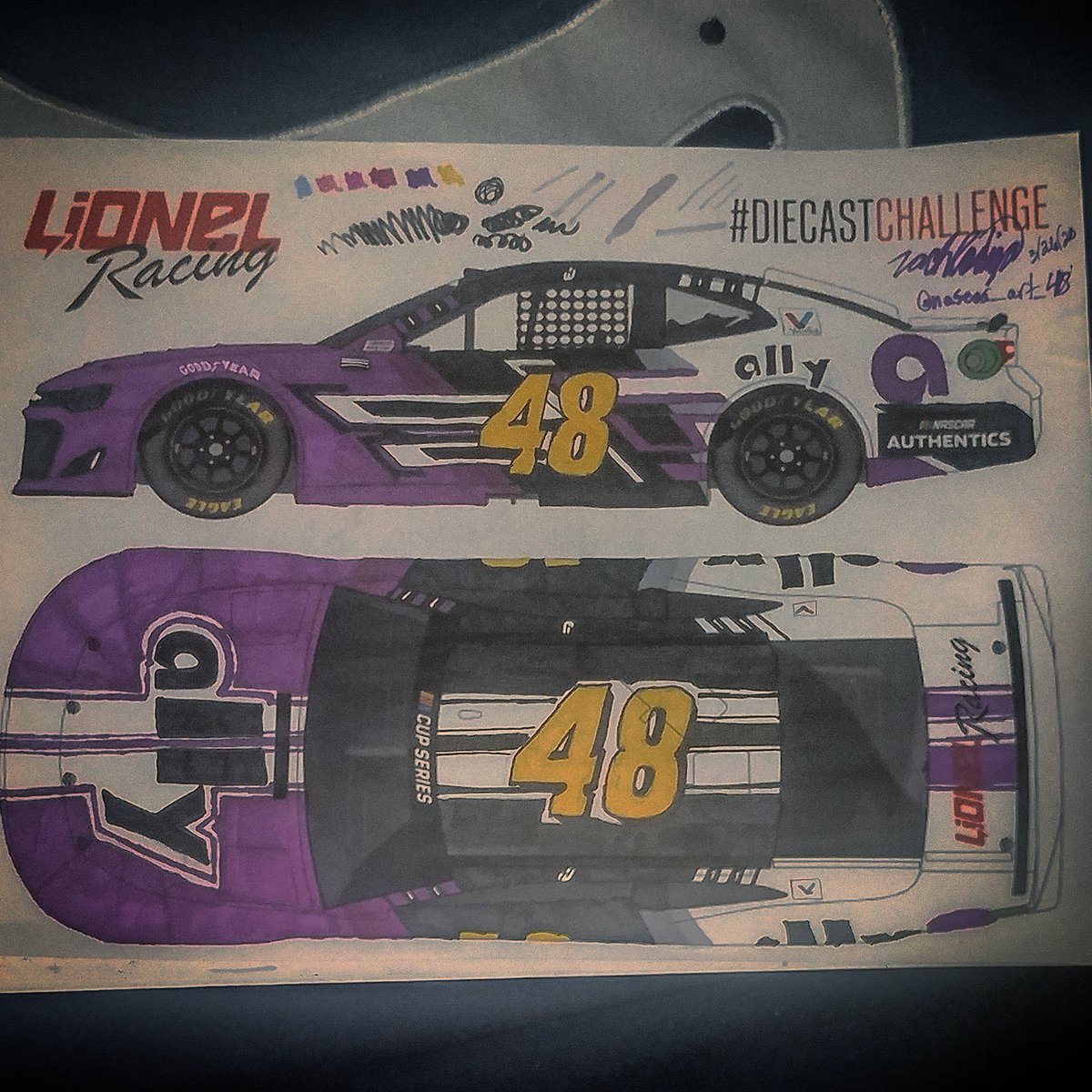 CFlag_Creations's tweet photo. @Lionel_Racing Diecast Challenge. I did a custom @allyracing paint scheme for @JimmieJohnson On the side its supposed to be a fade from Purple to Black, and another fade from Black to White, I tried my best... Tag the team please! Enjoy!
#DiecastChallenge #Lionel https://t.co/DOnTn2s60b