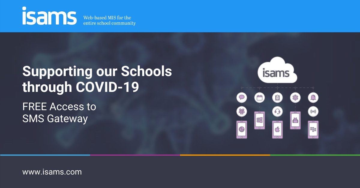 iSAMS's tweet photo. Throughout #schoolclosures, it’s imperative you regularly communicate with your students &amp; parents. We’re offering our schools full use of our SMS Gateway without the annual service fee to send SMS's remotely to every member of your school. community. https://t.co/AyC2IWzWIJ https://t.co/z27UeRS3El