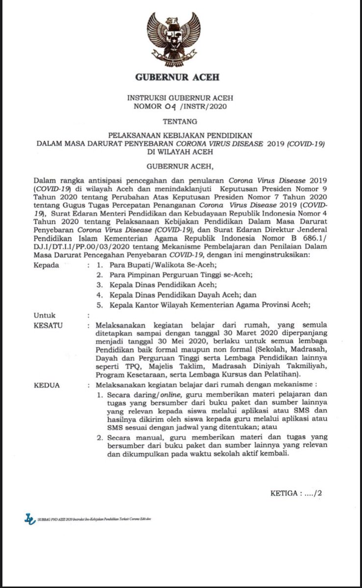 iloveaceh's tweet photo. Instruksi Gubernur Aceh terkait pelaksanaan kebijakan pendidikan dalam masa tanggap darurat penyebaran #COVIDー19 di wilayah Aceh #BersamaCegahCovid19 https://t.co/P9ZWWVMzRP