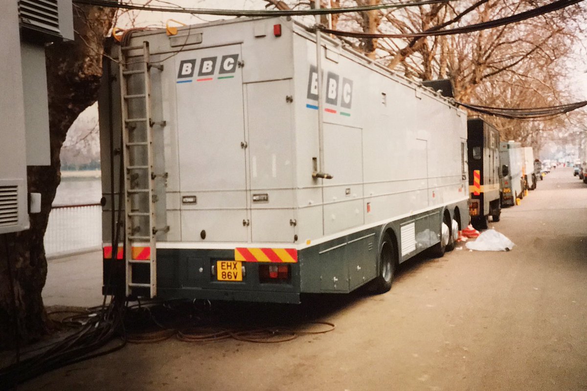 stevechalles's tweet photo. Archive OB pics - 1/6: Well, in a normal year this weekend should have seen the University Boat Race from Putney to Mortlake - now sadly cancelled. Here’s a look back at the changing OB Units on the Putney towpath in the past, starting in early 90’s with #BBCOutsideBroadcasts https://t.co/z3GB4G3ydN