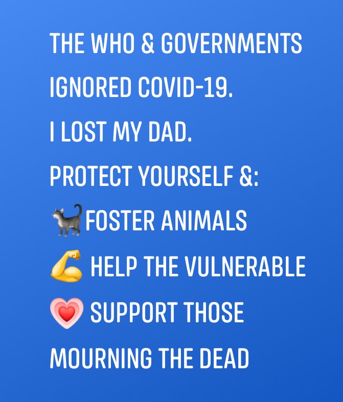 mcduella's tweet photo. After this most people still won't be able to connect the dots.
I lost dad to Covid-19 because of human stupidity.

#coronavirus #vegan #polmtl #polqc #foster #plantbased https://t.co/BssoD20OWn