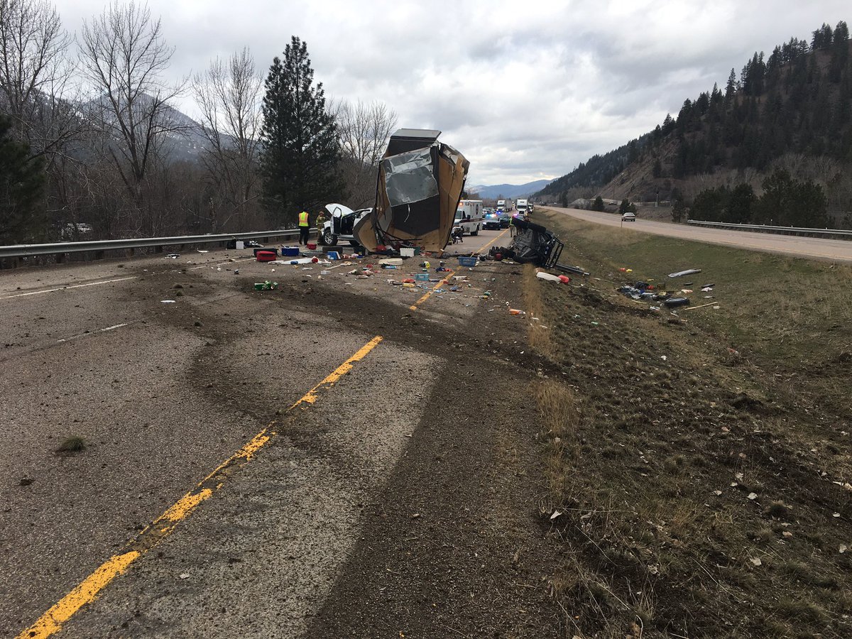 Trooper_TJ's tweet photo. Full blockage of I-90 at milepost 116 between Turah and Clinton. Rerouting onto to frontage road. Slow down and be patient. Thankfully, everyone seems to be okay. #mtroads #buckleup https://t.co/hBrBQ2HwvH
