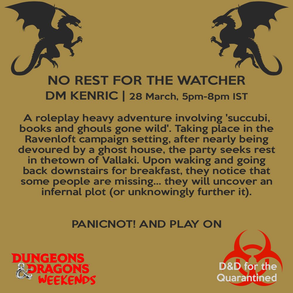 PanicNotIndia's tweet photo. #Ravenloft fans. There's something there for you too at #DnDWeekends. But either way, it's sure to be a fun adventure.
.
#dungeonsanddragons #DungeonsAndDragonsIndia #DnDIndia #dnd #storytelling #adventure #selfquarantine #Roll20 #PanicNot #digitaldnd #PanicNotAndPlayOnline https://t.co/yOic4XMFux