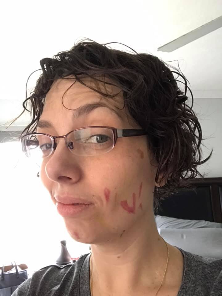 StrinePatterson's tweet photo. When you have a Zoom meeting and your new 2-year old is screaming at the door for you, you may decide to put him on your lap for the meeting. While he’s on your lap at the desk, he may find markers and pens and think your face makes a great canvas. #COVID19problems #SApro #SAmom https://t.co/Ae8Jvwoq40