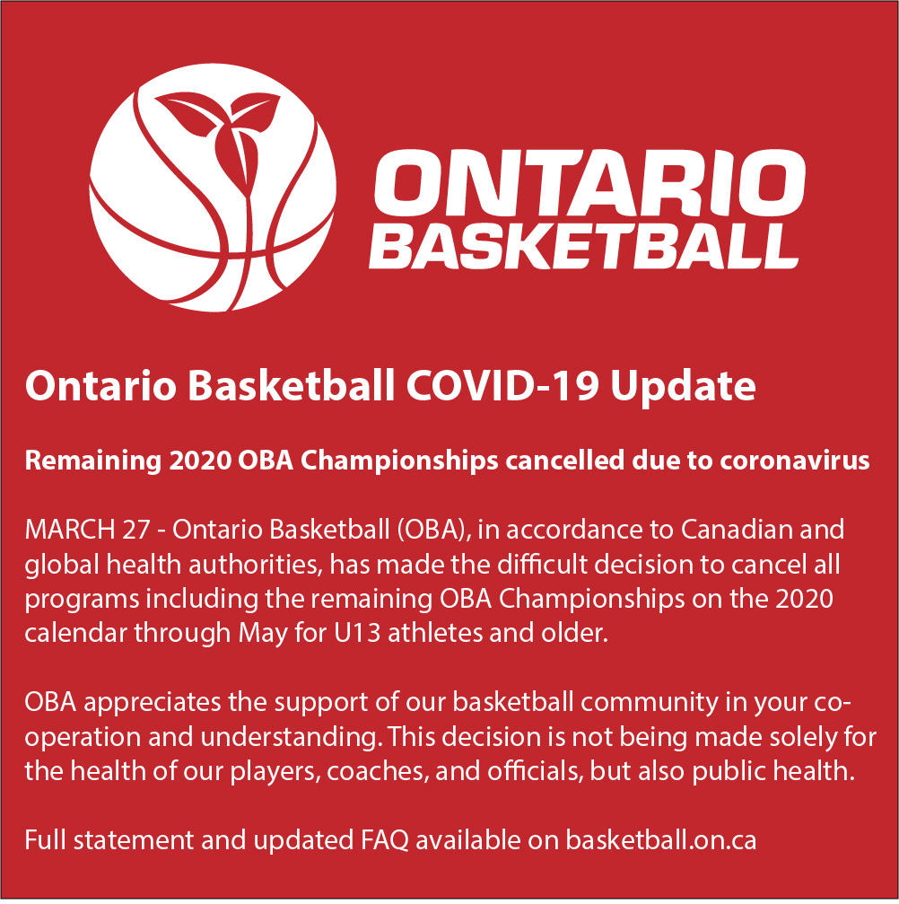 Ontario Basketball COVID-19 Update

Remaining 2020 OBA Championships cancelled due to coronavirus

Full statement: ow.ly/ZnmI30qtcuR
