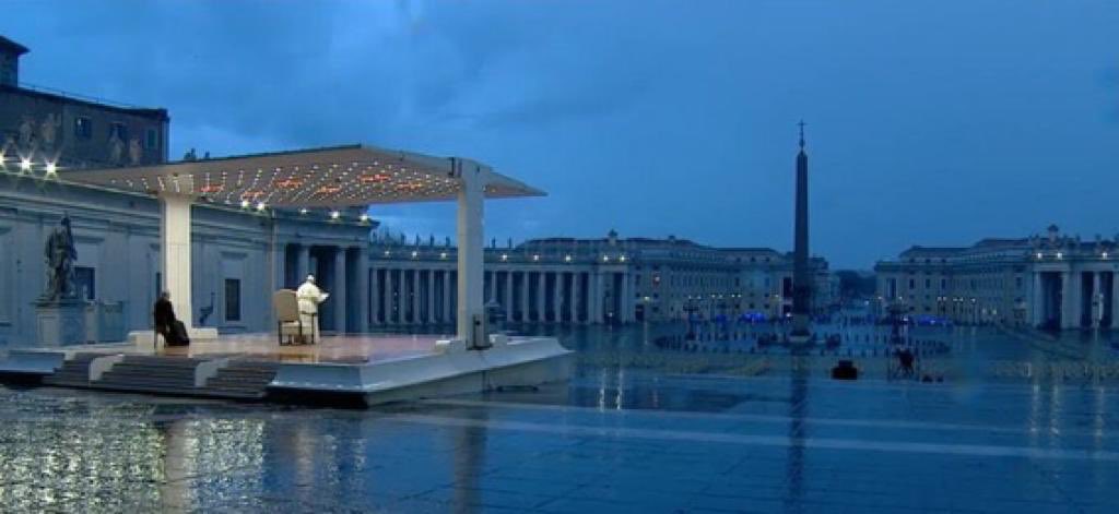 Not even the most extreme sci-fi movies could imagine this.

The Pope, in front of empty San Peter’s Square, is asking God to stop the pandemia.

The words are disappearing into the picture