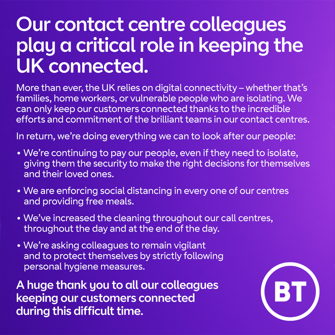 We're doing all we can @bt_uk, @EE and @Plusnethelp to keep serving our customers and keep our people safe at this difficult time.
This is why we’re asking our people to come into our contact centres, if they’re healthy and able – so our customers can get the help they need. 1/5 https://t.co/xcr8O775UV