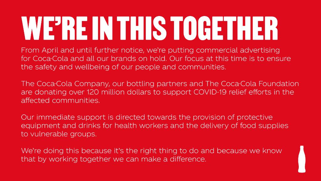 In these challenging times, our focus is to ensure the safety and wellbeing of our people and our communities. Along with our bottling partners and The Coca-Cola Foundation, we are contributing over $120m globally to support COVID-19 relief efforts in the affected communities. https://t.co/vX0zWOA173
