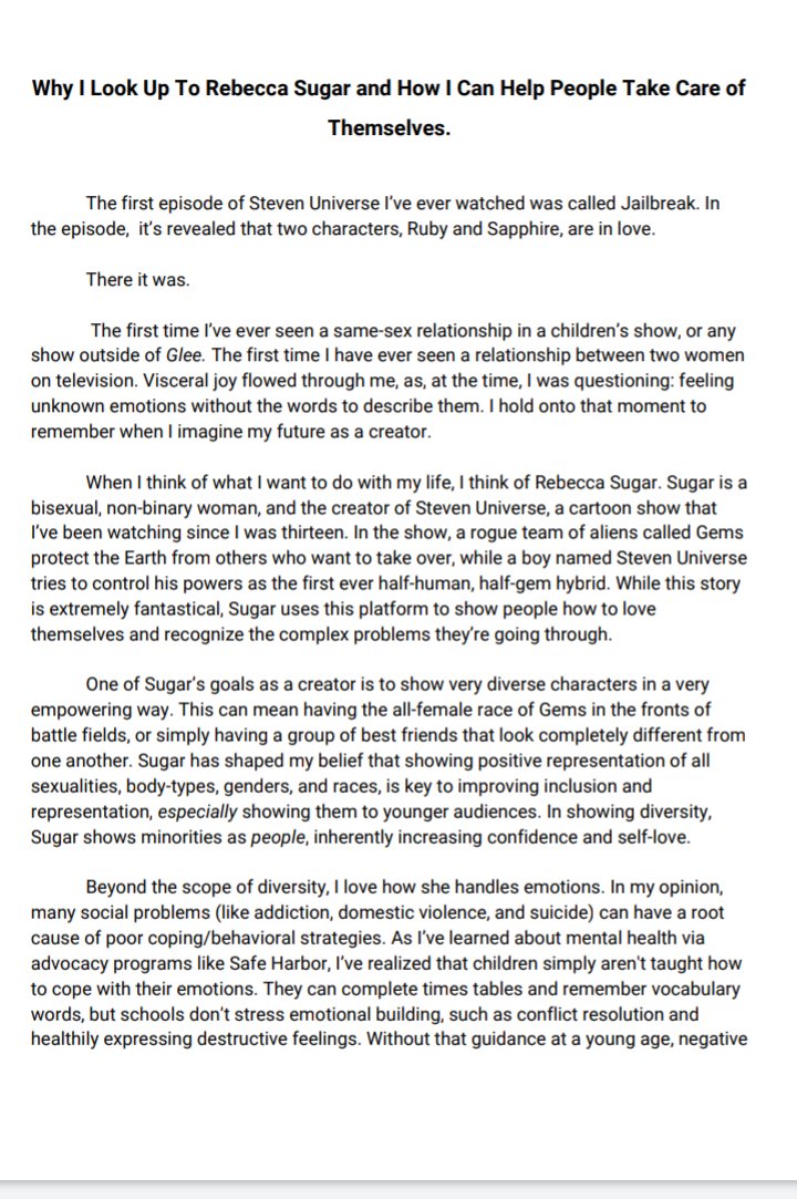 Casey_Endicott_'s tweet photo. In honor of the finale of #StevenUniverseFuture, I wanted to share to @rebeccasugar and @cartoonnetwork that I wrote my college essay about #StevenUniverse and how he taught me to be empathetic and kind. Thank you to everyone involved with this show. 💙 #CNWatchParty https://t.co/6ezZOnycLw