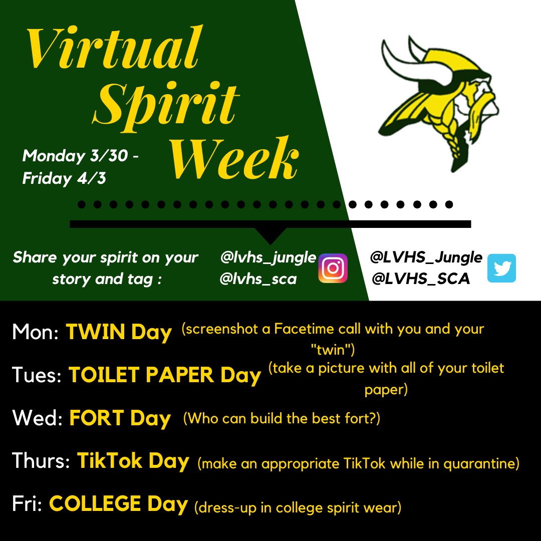 lvhssca's tweet photo. Virtual Spirit week starting on Monday🔥! Make sure to participate and share all your awesome photos with us 📷 ! We had amazing school spirit this year so let’s keep it rolling! 😁 https://t.co/1wJ4xnAJh8