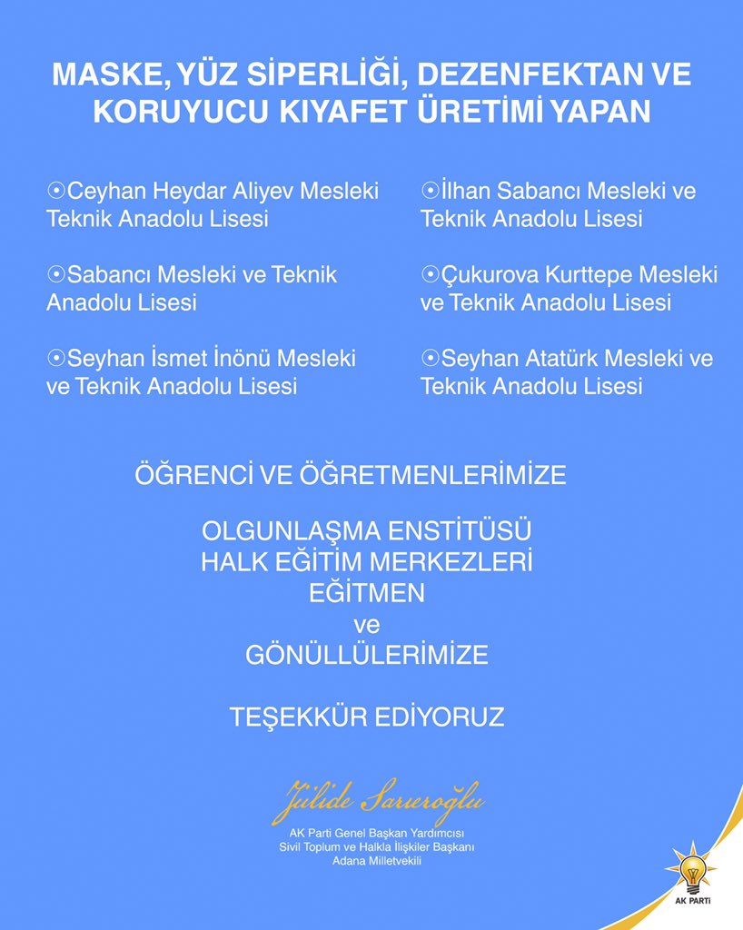 jsarieroglu's tweet photo. Adanamızda Mesleki ve Teknik Anadolu Liselerimizde maske, yüz siperliği, dezenfektan ve koruyucu kıyafet üretimi son hızla devam ediyor. Öğrencilerimize, öğretmenlerimize, gönüllülerimize, eğitmenlerimize teşekkür ediyoruz. Emeklerinize sağlık. #BirlikteBaşaracağız https://t.co/glnrdVxolV