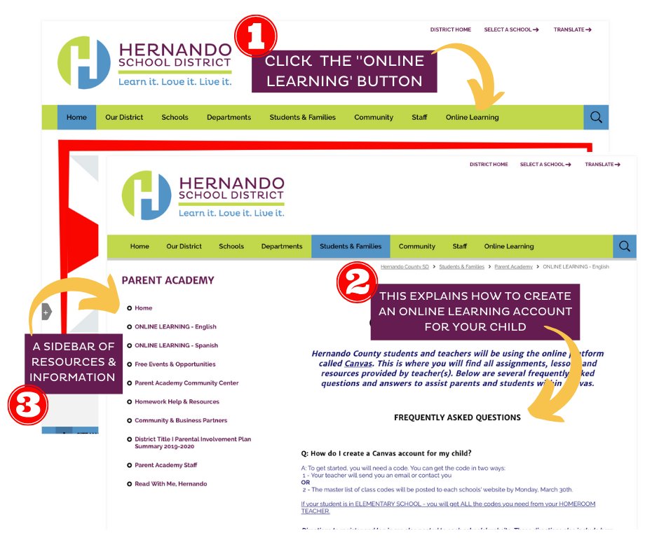 Online Learning Resources and Information -
1. Visit your child’s school website or the district website - hernandoschools.org/Page/5992 
2. CLICK the ‘Online Learning’ tab 
Be on the lookout for updates from schools w/ necessary access codes, passwords, &amp; assignment information.