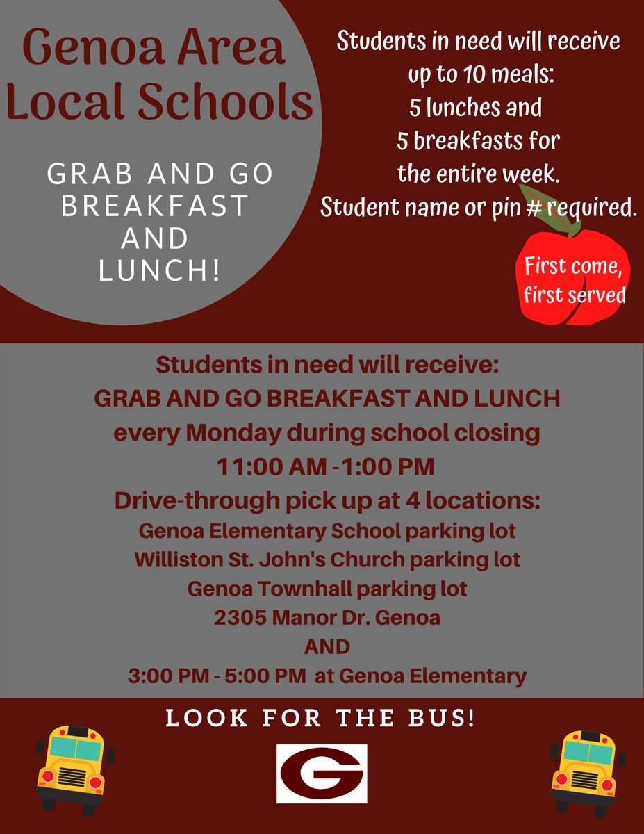 GenoaSchools's tweet photo. Grab and go breakfast and lunch will be available again on Monday, March 30th. https://t.co/W4TaFaBcXg