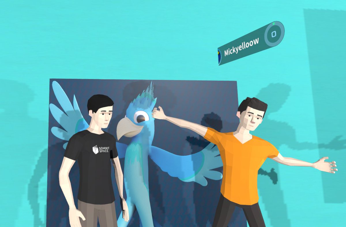 AltVRat's tweet image. Loving the #SocialSharing in a time of #PhysicalDistancing! @mickyelloow doing an improvised bird dance while his future @SomniumSpace avatar patiently waits the release of the #UnitySDK. Next time @whimwhams sorry!