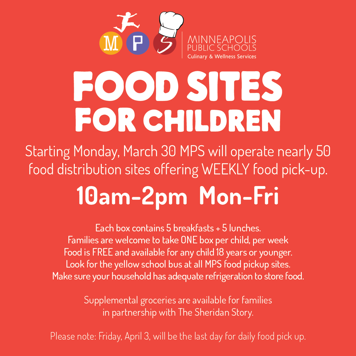 Starting Monday, March 30 we will operate nearly 50 food sites offering WEEKLY food pick up. Each day, up to 10 different sites across the city will offer food pick-up from 10-2, M-F. Each box contains 5 breakfasts/5 lunches. Families can take ONE (1) box per child, per week.