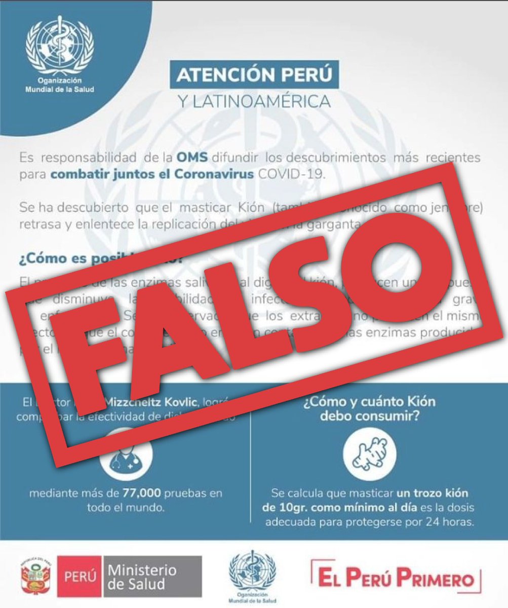OPSOMSPeru's tweet photo. 🚨¡FALSO!🚨
Si por WhatsApp o cualquier otra red social te llega un texto o imagen similar, IGNÓRALO. Es información FALSA que usan el nombre de la OMS.
No hay evidencia científica en el brote actual de que comer kión proteja a las personas del #COVID19
¡Comparte! https://t.co/ZzzUAwE7dy