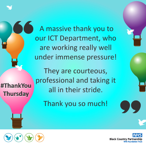 Our belated #ThankYouThursday goes out to our hardworking ICT Department, who throughout these past weeks have been responding to so many requests to ensure both clinical and non-clinical staff can work remotely - whilst social distancing themselves! Well done and thank you! 💙😀