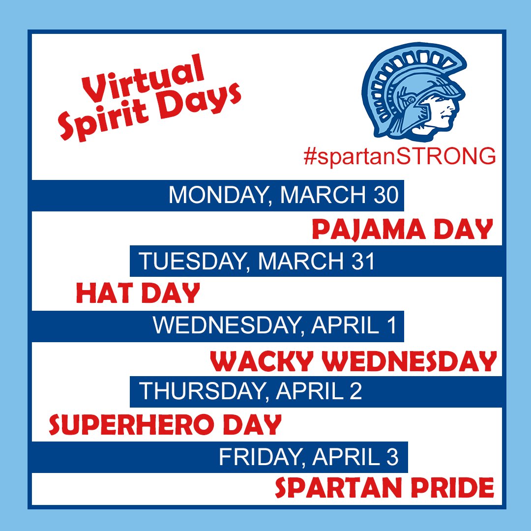 SSDSpartans's tweet photo. We're so excited to announce that next week we will have VIRTUAL SPIRIT DAYS! Join us in dressing up each day! Every day, there will be a post for you to share your pictures in the comments. #spartanSTRONG #spartanPRIDE https://t.co/pL9t6EwBB8