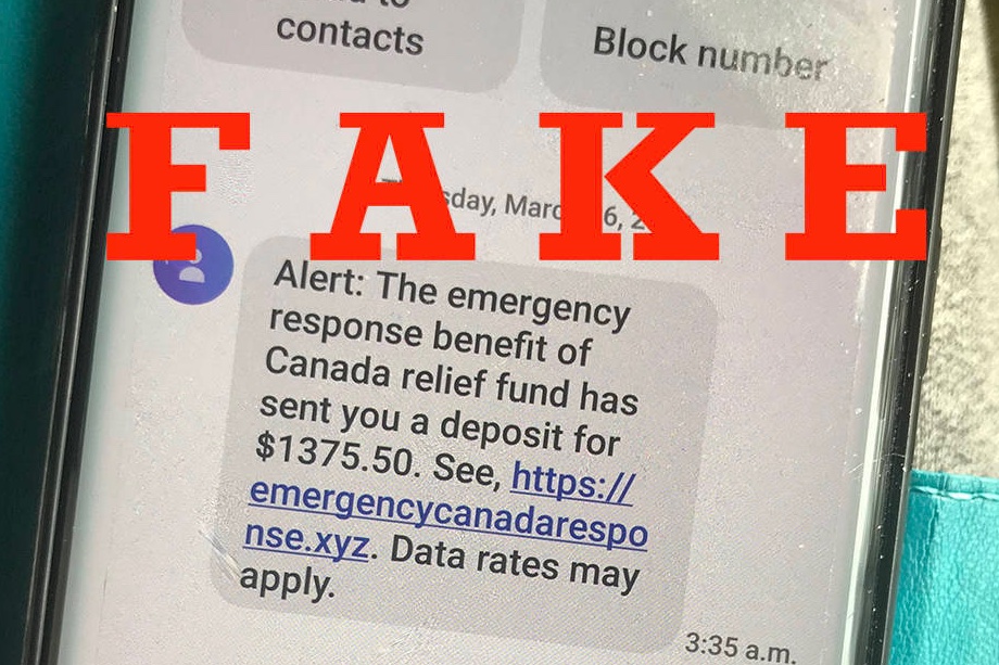 nvanrcmp's tweet photo. *** #ScamAlert ***
A #COVID19 scam text has been going around, highjacking the "emergency response benefit" announced yesterday. We're asking everyone to pass this on so nobody falls for it. @Canada does NOT do this via text message. For legit info, go to https://t.co/cJAO17AxFg https://t.co/xvaIMcSVeA