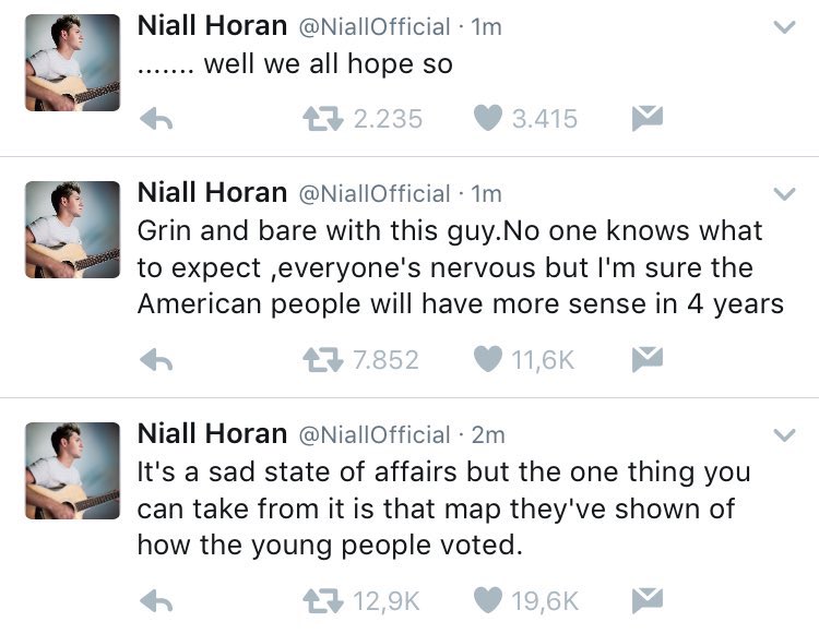 Niall has also take the time to speak on his social media and interviews about the importan of elections, going against Trump and encouraging young people to vote for their rights