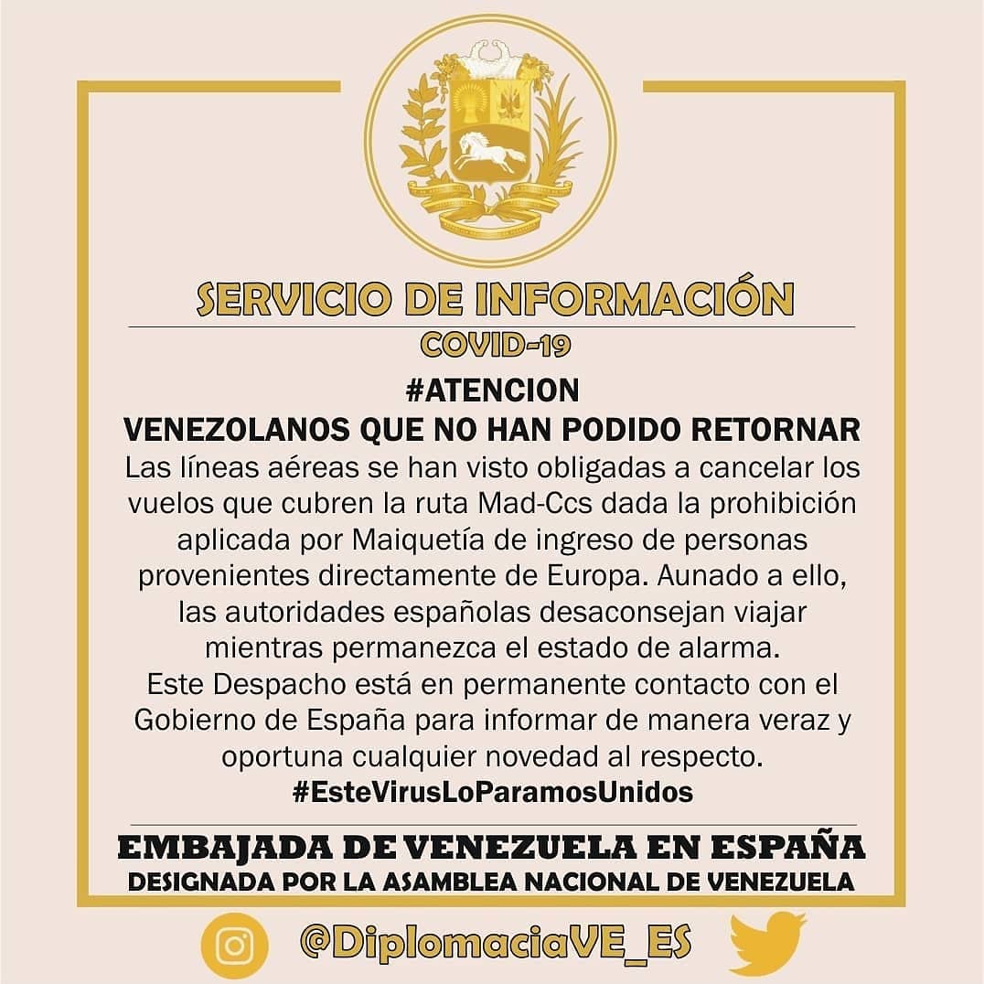SActiva_es's tweet photo. Información Importante para los venezolanos que aún se encuentran en Madrid y no han podido regresar a Venezuela, hasta el momento los vuelos han sido cancelados, en especial los provenientes de Europa. #VENEZUELA #venezolanos #europa #españa #spain https://t.co/DNiwBxzHQx