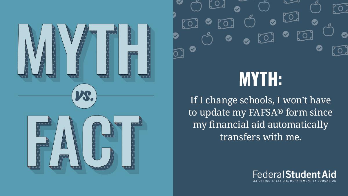 Fact: your #financialaid will not automatically transfer.
 
If you’re starting at a new school in the fall, learn more about the next steps. ➡️ bit.ly/2Un07ZR