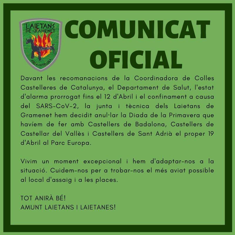 Davant les darreres notícies com l'ampliació de l'estat d'alarma fins el 12 d'abril, i sense poder saber si la nostra activitat es podria desenvolupar de manera segura per tothom, hem decidit suspendre la Trobada de Primavera del 19/4.

Cuidem-nos, tot anirà bé!!! 💚

#castellers
