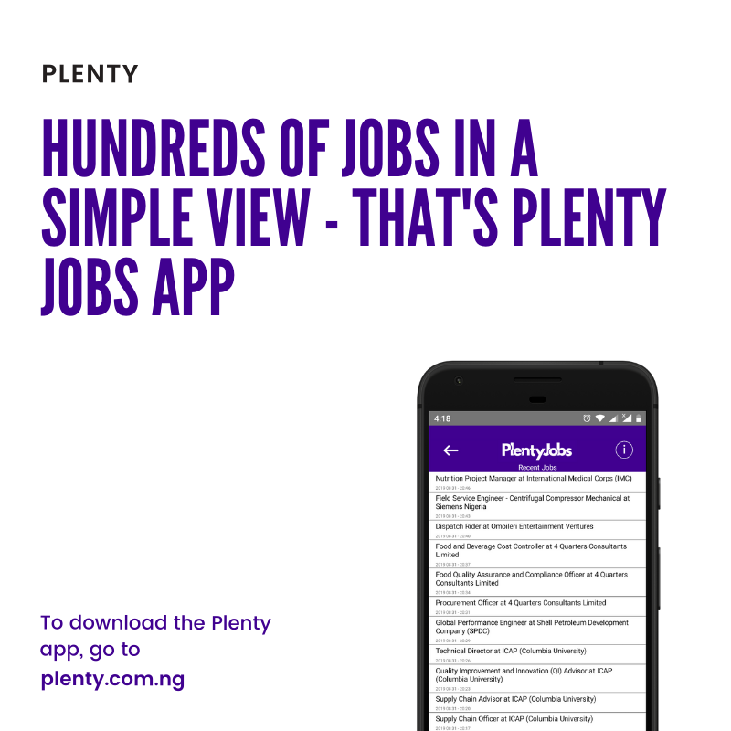 Thisisplenty's tweet photo. Hundreds of jobs in a simple view - get Plenty app https://t.co/RTUAteUrzf #Jobs #jobsinNigeria #JobSeekersWednesday https://t.co/1q5J7LHHKx
