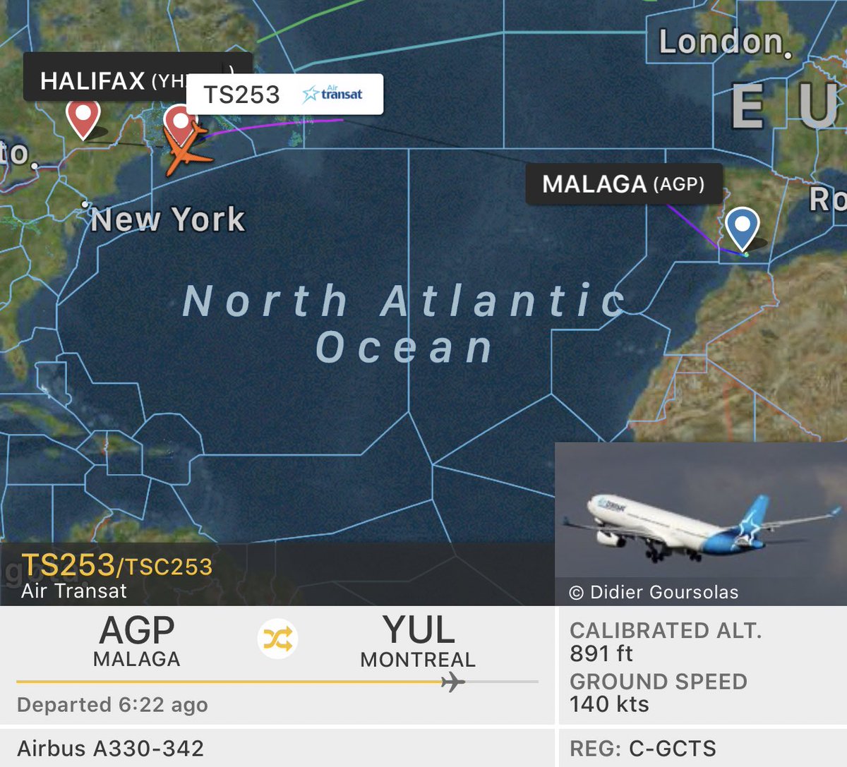 TomPodolec's tweet photo. Three Air Transat repatriation flights with Canadians coming home are now inbound Halifax before continuing to Montreal & Toronto. Fuel and crew swap. #TS253 from Malaga, #TS337 & #TS481 from Lisbon. https://t.co/Wc7WUQBN6c