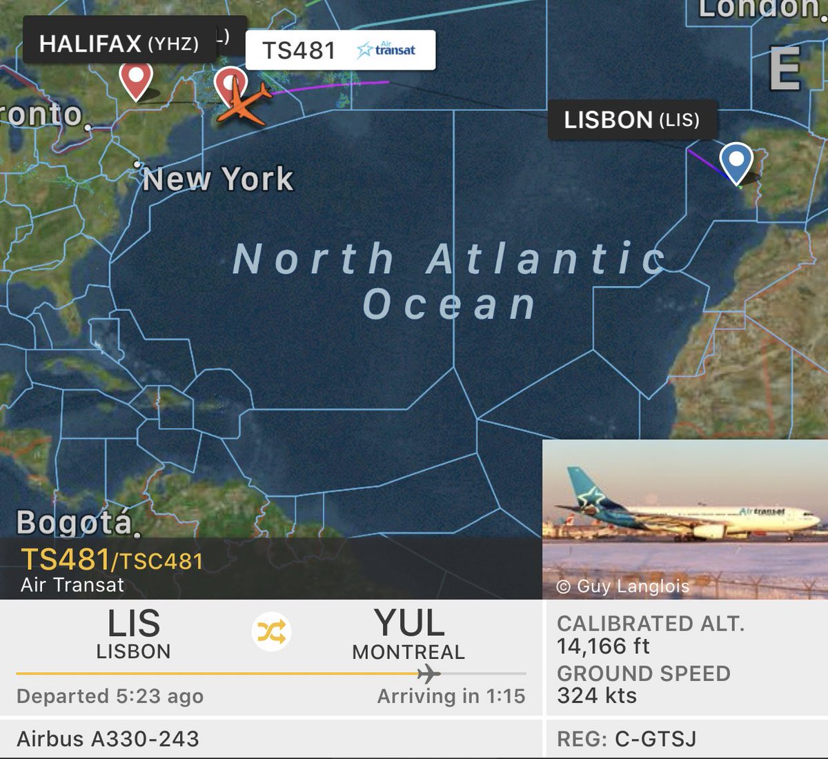 TomPodolec's tweet photo. Three Air Transat repatriation flights with Canadians coming home are now inbound Halifax before continuing to Montreal & Toronto. Fuel and crew swap. #TS253 from Malaga, #TS337 & #TS481 from Lisbon. https://t.co/Wc7WUQBN6c