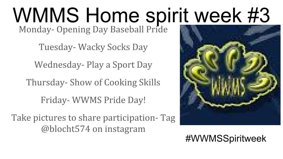blocht574's tweet photo. Next week's spirit week schedule #wwmsspiritweek 
Let's make it shine #mschat #miched https://t.co/xytDqOB2mO