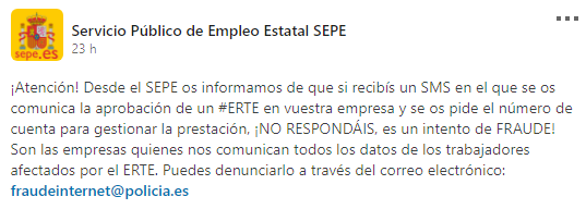 guardiacivil's tweet photo. 🔊 Detectada campaña de SMS, con asunto “ERTE”, en los que se suplanta al Servicio Público de Empleo (SEPE). Informan de un ERTE de la empresa y solicitan los datos bancarios al destinatario. #NoPiques es #phishing 

➕ℹ️ @osiseguridad
👉 https://t.co/ATLS6QBGev https://t.co/KWBV9K960A