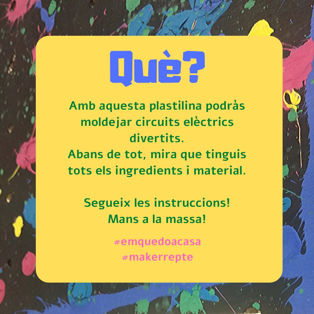 MakerConvent's tweet photo. Avui, un #makerrepte de cuina… fes la teva pròpia plastilina conductiva. És com una recepta de cuina, anem a preparar la massa i per això necessitem una llista d'ingredients. Amplia les instruccions: https://t.co/pa475HTDNb Gaudiu i feu molts circuits!! #joemquedoacasa #bemaker https://t.co/3MzDwdNMpM