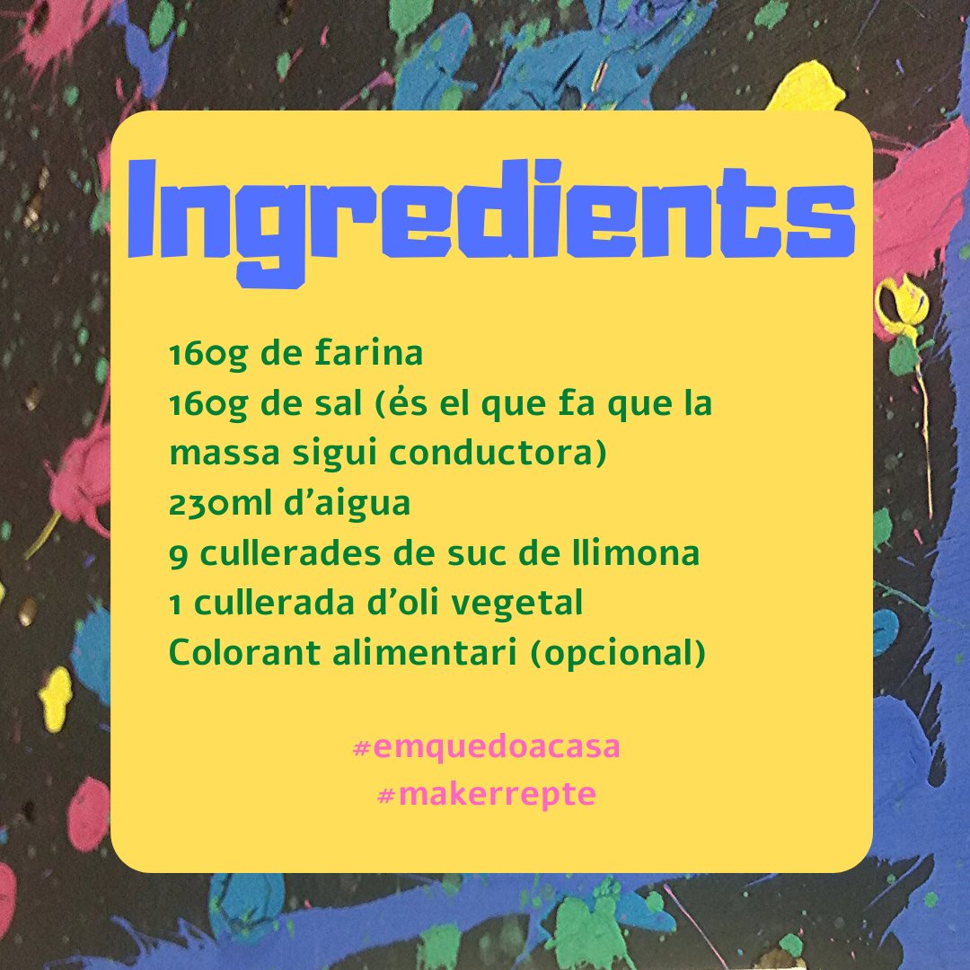 MakerConvent's tweet photo. Avui, un #makerrepte de cuina… fes la teva pròpia plastilina conductiva. És com una recepta de cuina, anem a preparar la massa i per això necessitem una llista d'ingredients. Amplia les instruccions: https://t.co/pa475HTDNb Gaudiu i feu molts circuits!! #joemquedoacasa #bemaker https://t.co/3MzDwdNMpM