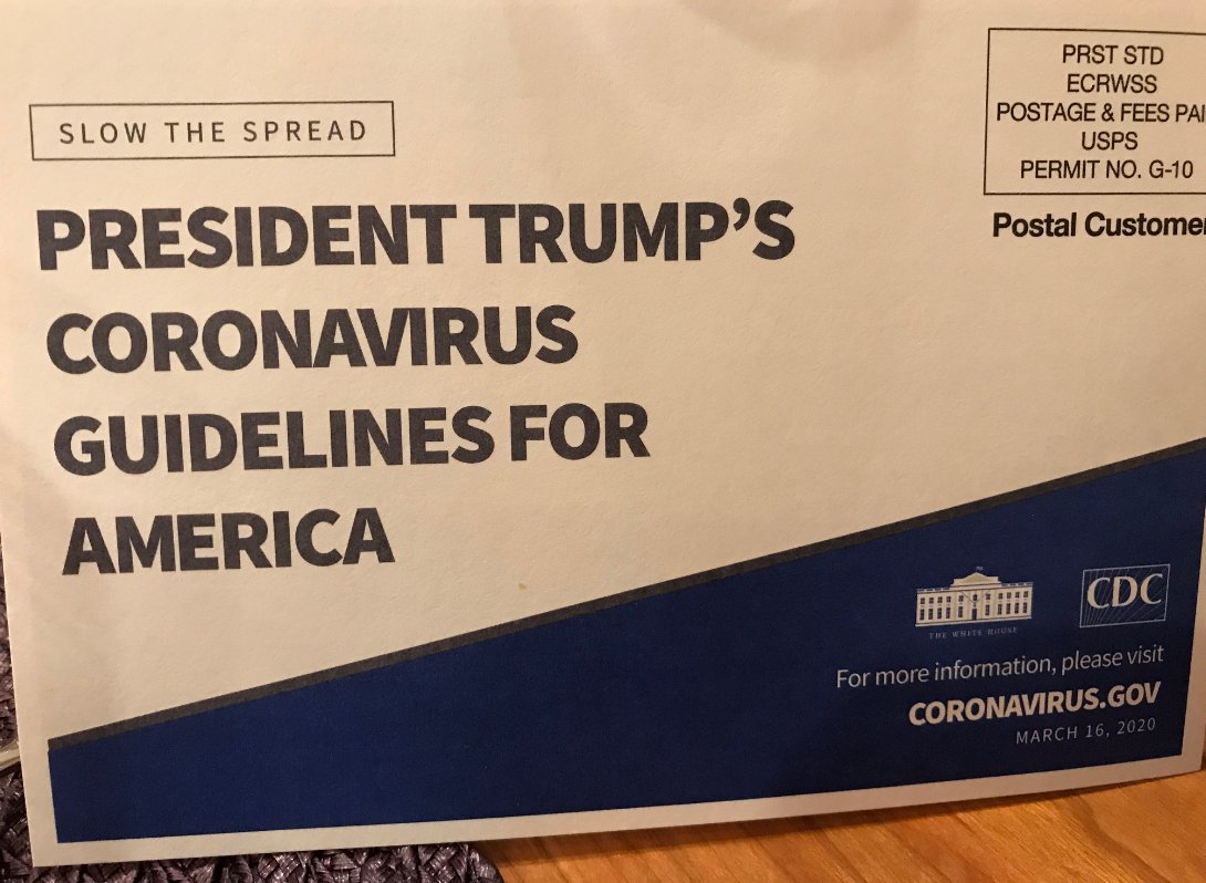 Laurie_Garrett's tweet photo. Coming soon to your mailbox, if you live in the US: #COVID19 kit.
I've combed my brain, going back to Nixon - I can't recall any #POTUS claiming credit for a natl public health message before. Not like this.
Anybody know differently?
Could this be considered campaign literature? https://t.co/1x1hHNBv9k