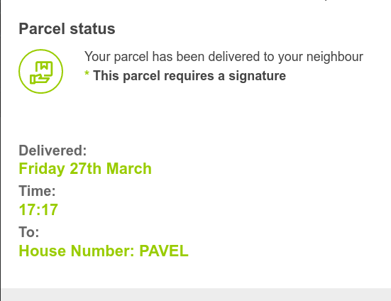 VoxelStorm's tweet photo. @YodelOnline Please explain which genius decided to deliver a parcel to a neighbour, during UK-wide CoVID lockdown? https://t.co/nmBrNAnhwl