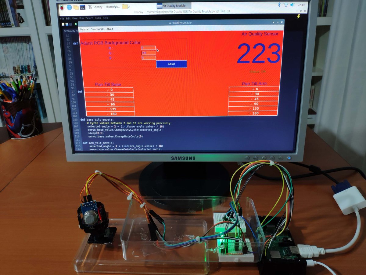 KutluhanAktar's tweet photo. Display the current air quality value and get notified if the MQ-135 detects the occurrence of the air quality deterioration via a #GUI running on @Raspberry_Pi 📺

https://t.co/JTfrRS7xYm

@Hacksterio #code #coding #programming #Python3 #guizero #developer #interface #maker #DIY https://t.co/rvH2wiaSNX